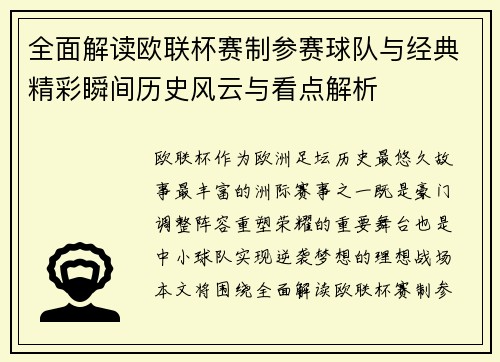 全面解读欧联杯赛制参赛球队与经典精彩瞬间历史风云与看点解析